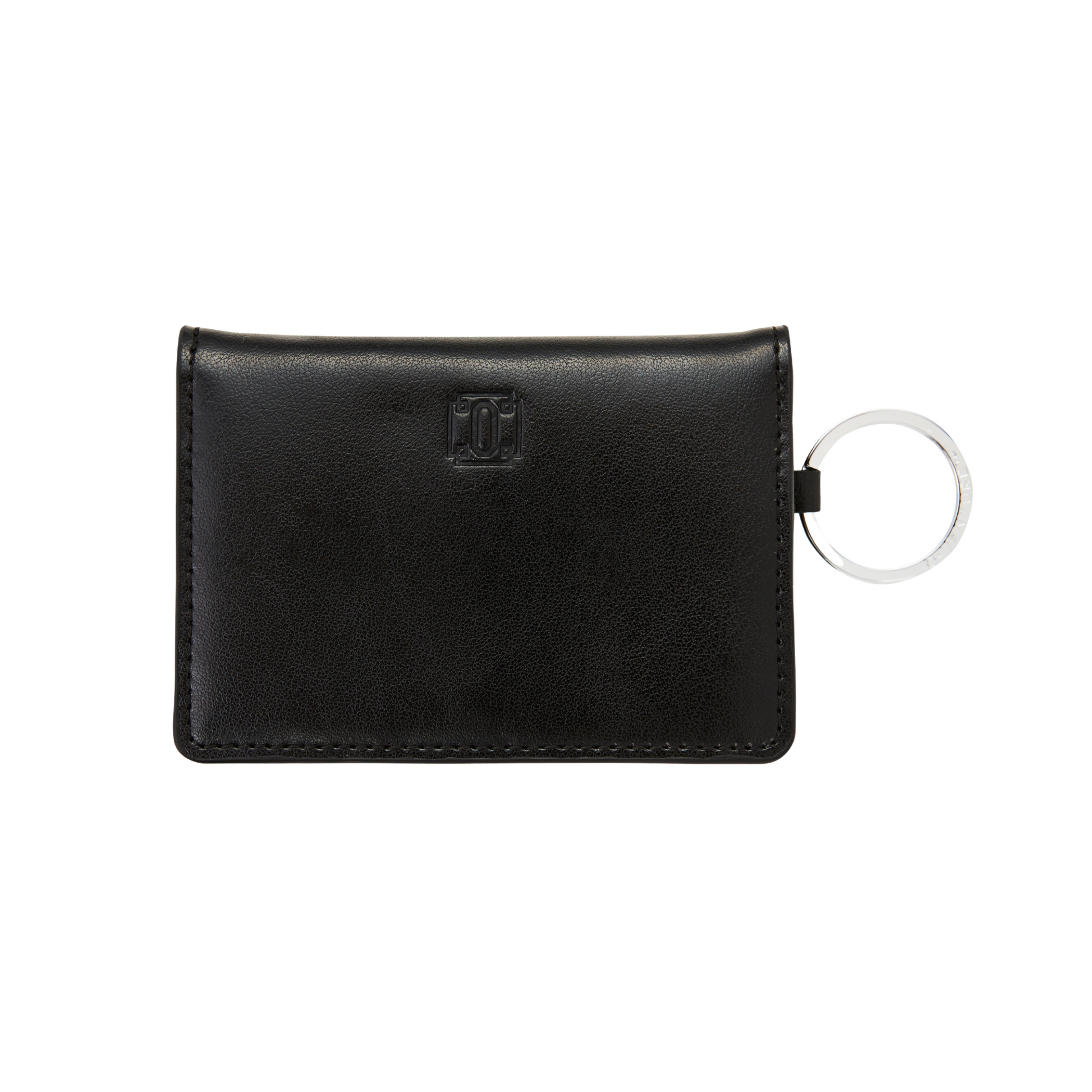 Sleek black leather bifold Keychain Wallet with compartments shown with key attached.