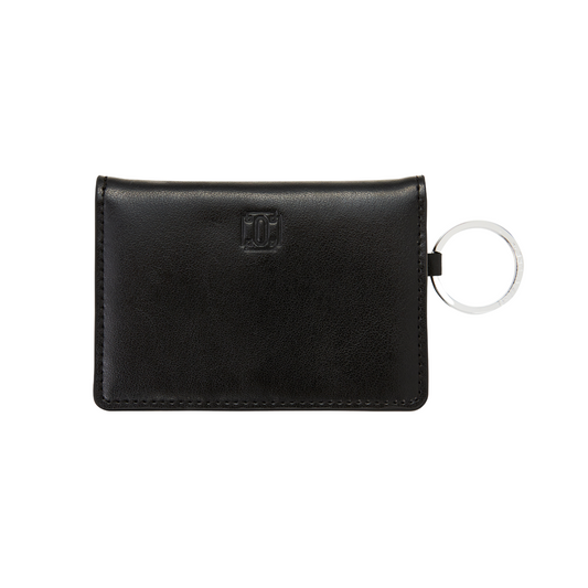 Sleek black leather bifold Keychain Wallet with compartments shown with key attached.