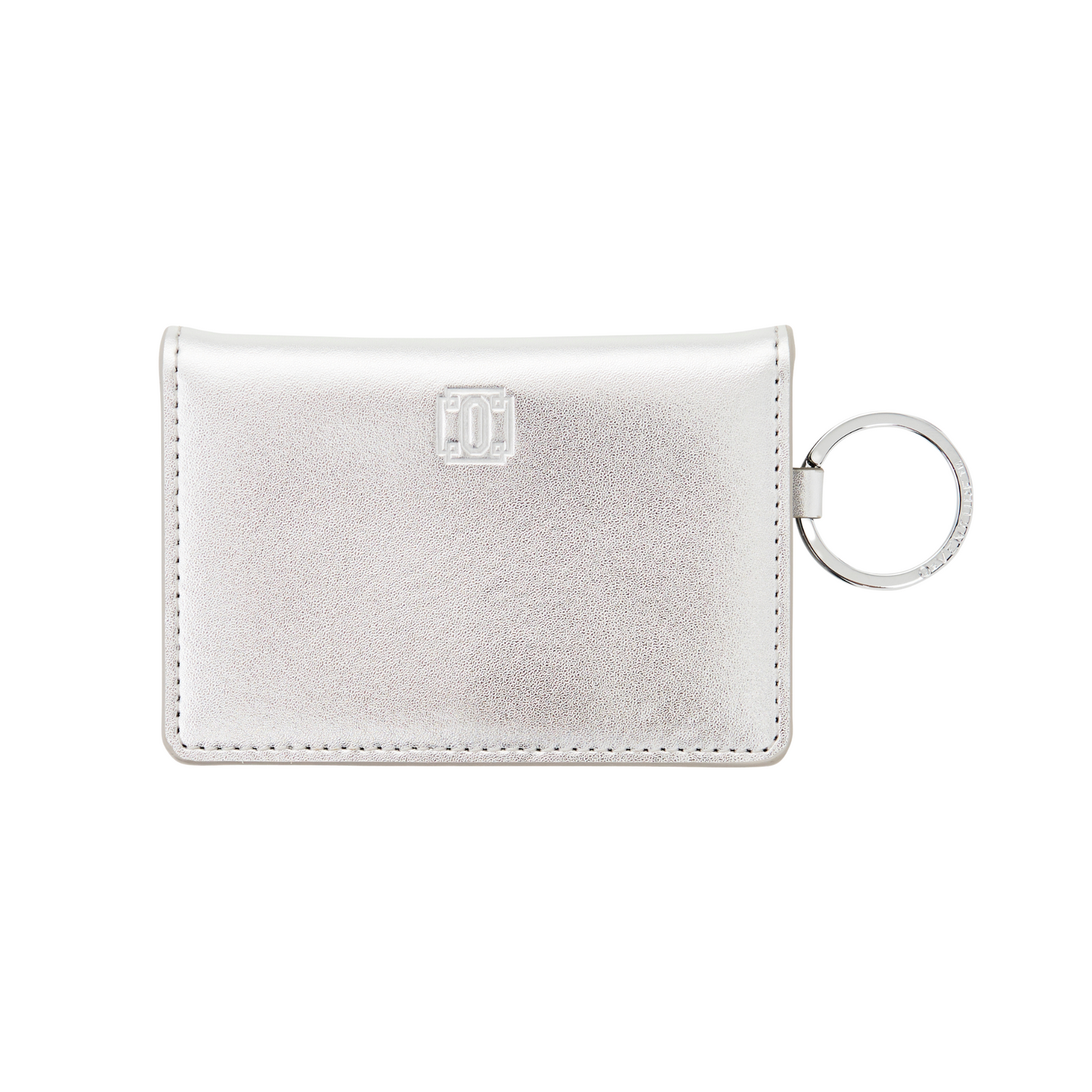 Sleek silver leather keychain wallet with compartments with key attached in silver leather. Front side.