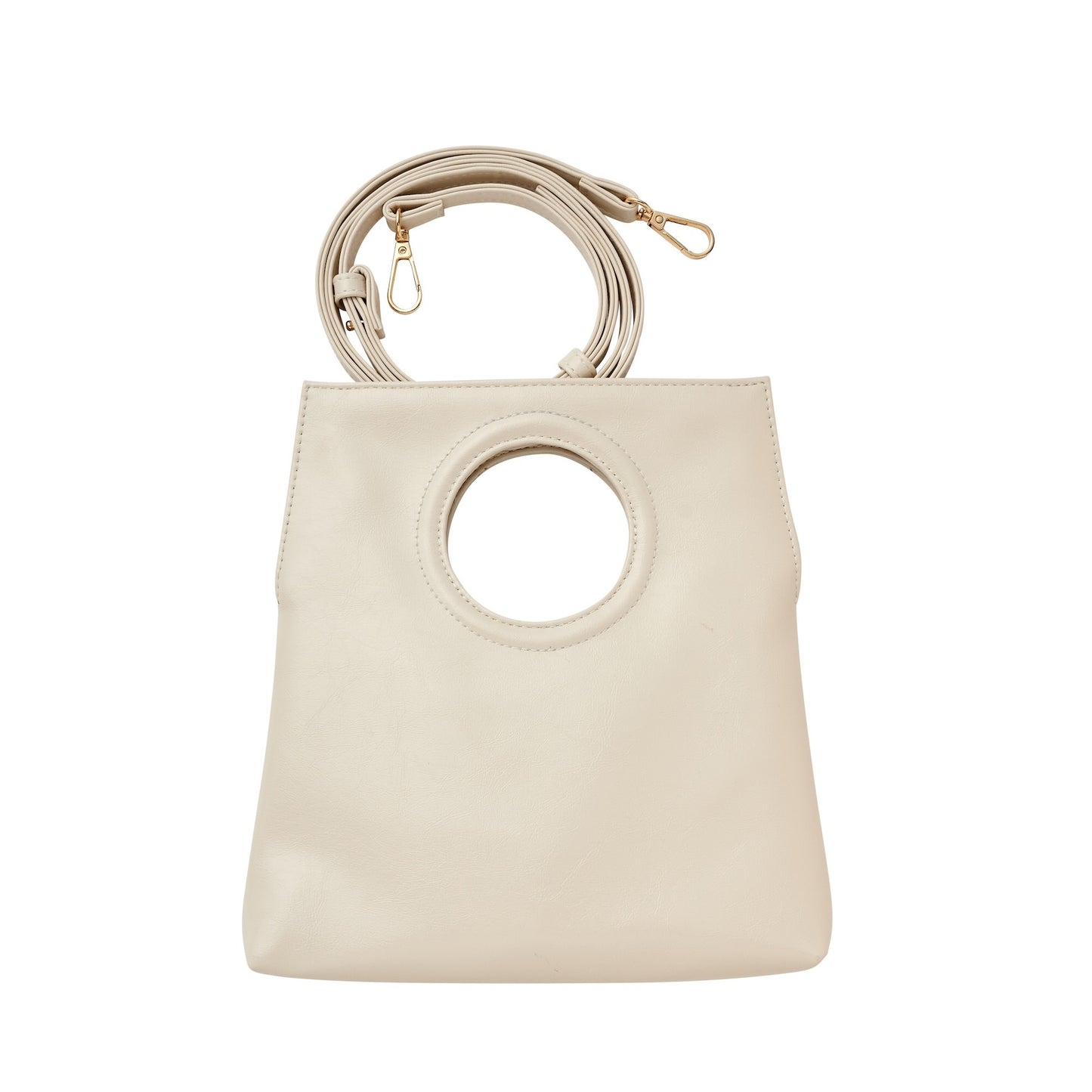 Beige handbag with circular handle on a white background