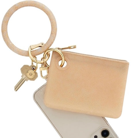 Silicone Big O® Key Ring in Gold Confetti with matching wallet pouch and phone connector attached to iPhone