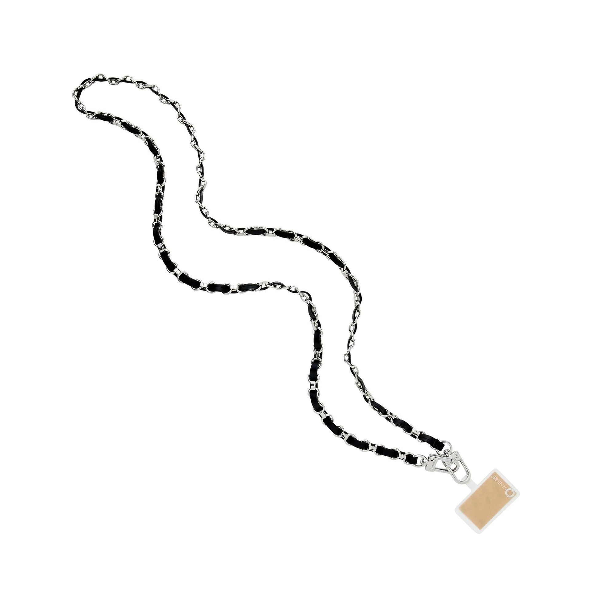 Designer leather phone crossbody with silver chain strap.