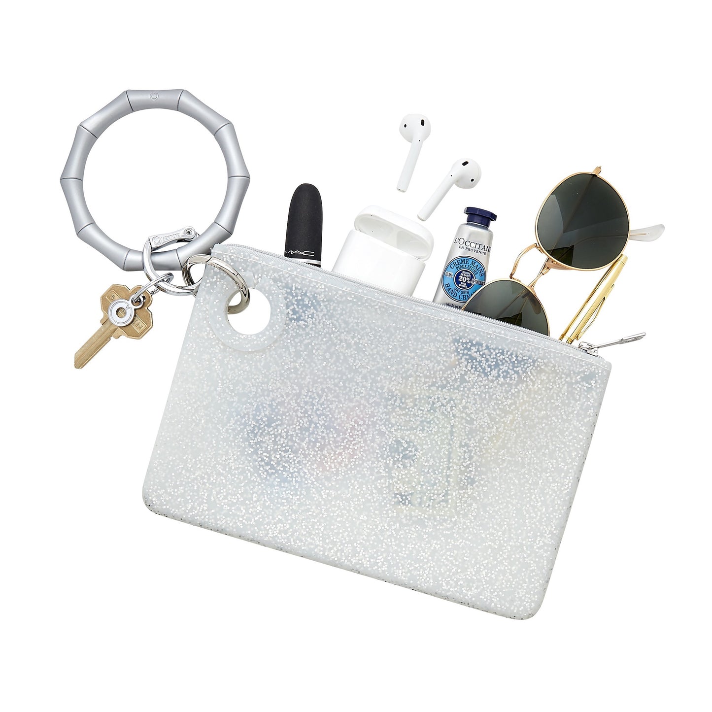 Large Pouch in silver with silver confetti with silver bamboo silicone key ring and accessories coming out of the pouch