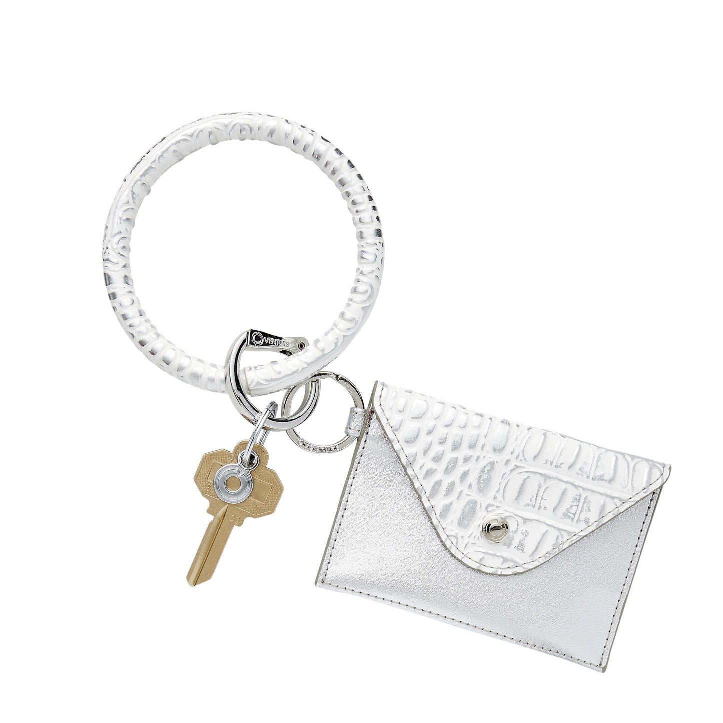 Stylish leather keychain wallet in mini envelope design. Shown attached to the key ring bracelet in silver leather.