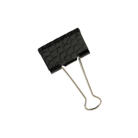 A black croc-embossed leather money clip with a metal clip base.
