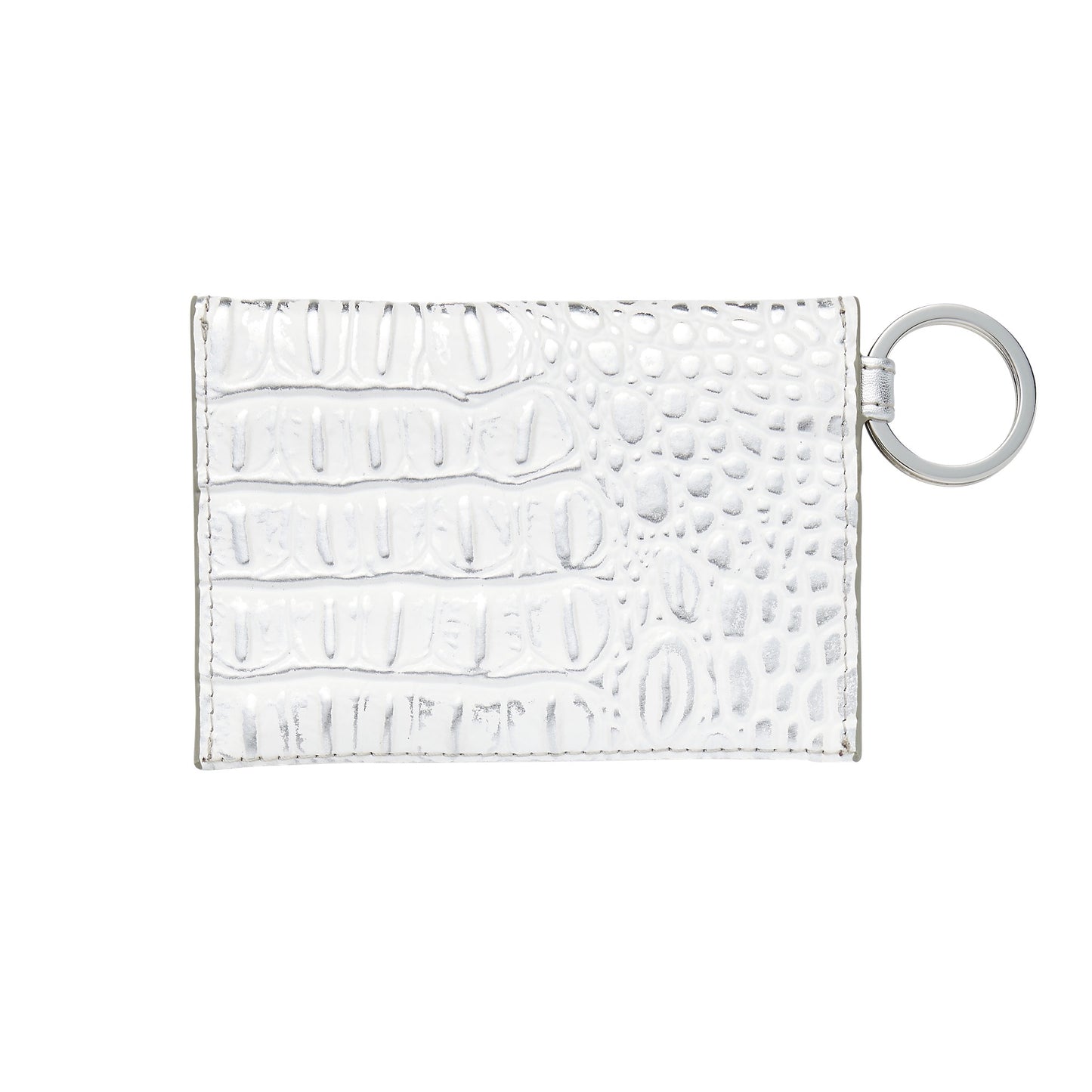 Stylish leather keychain wallet in mini envelope design. Showing the backside of the silver leather keyring wallet.