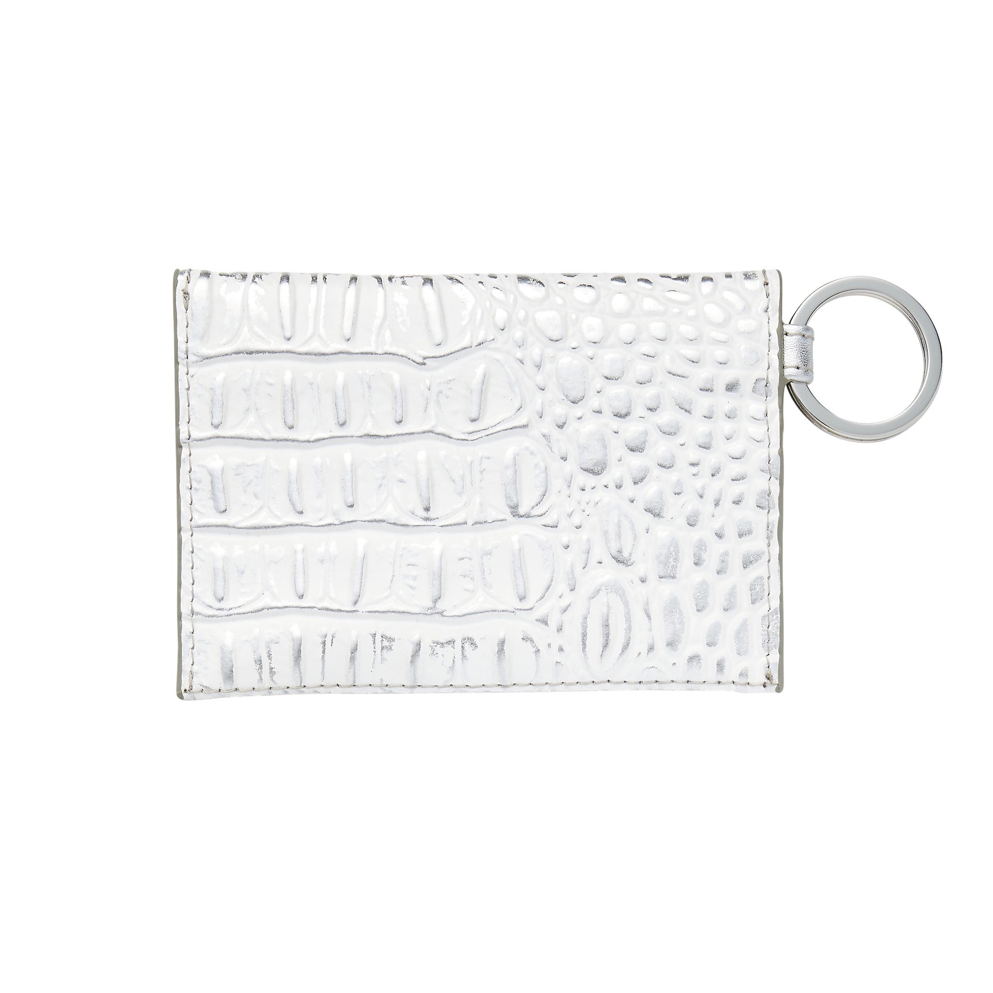 Stylish leather keychain wallet in mini envelope design.  Showing the backside of the silver leather keyring wallet.
