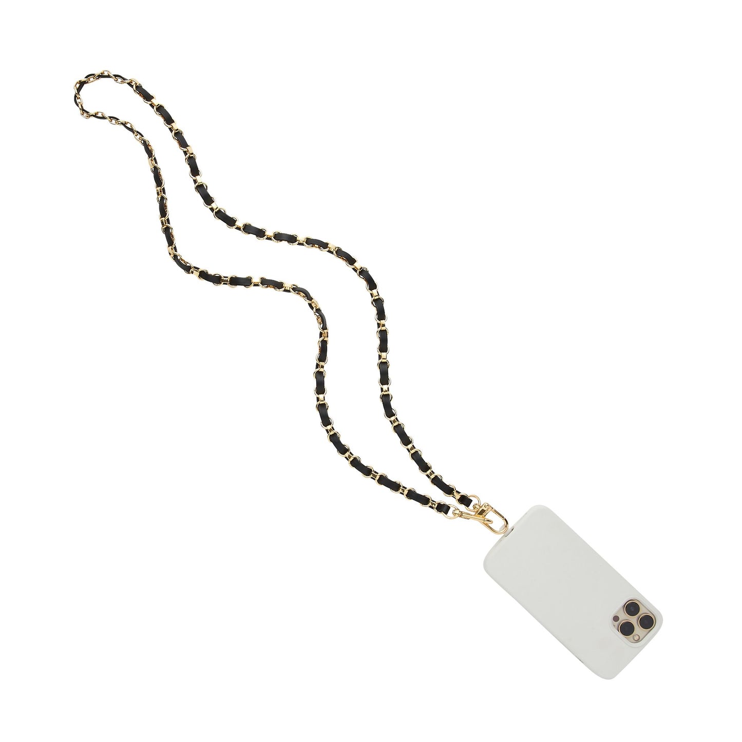 Stylish leather phone crossbody with gold chain strap.