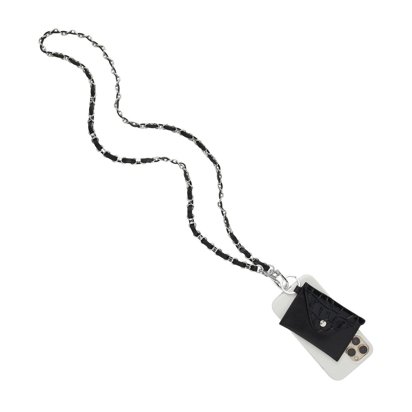 Stylish leather phone crossbody with silver chain strap. Shown with phone and wallet attached.