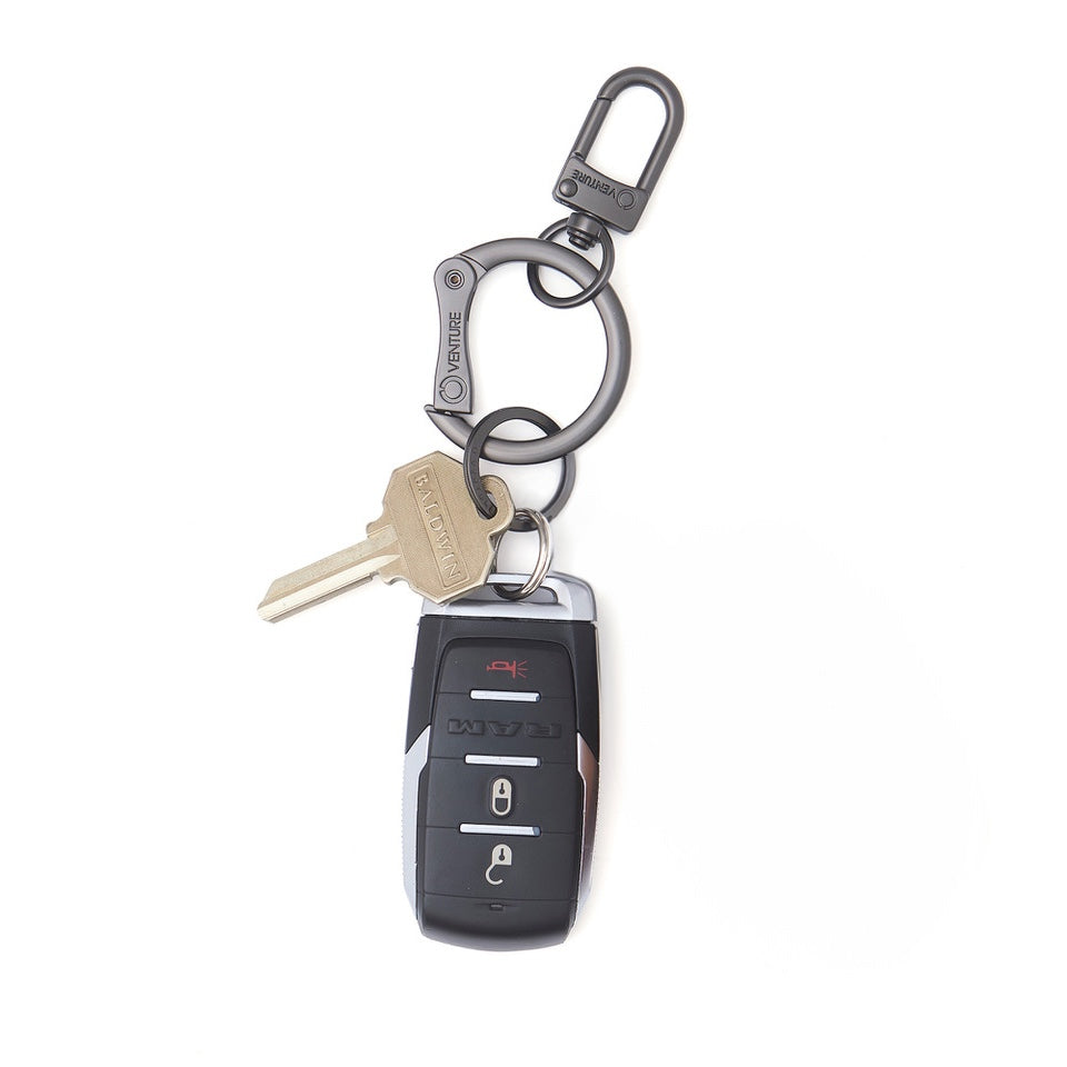 Sleek matte black men's keyring.  Keyring hooks to belt loop or bag.