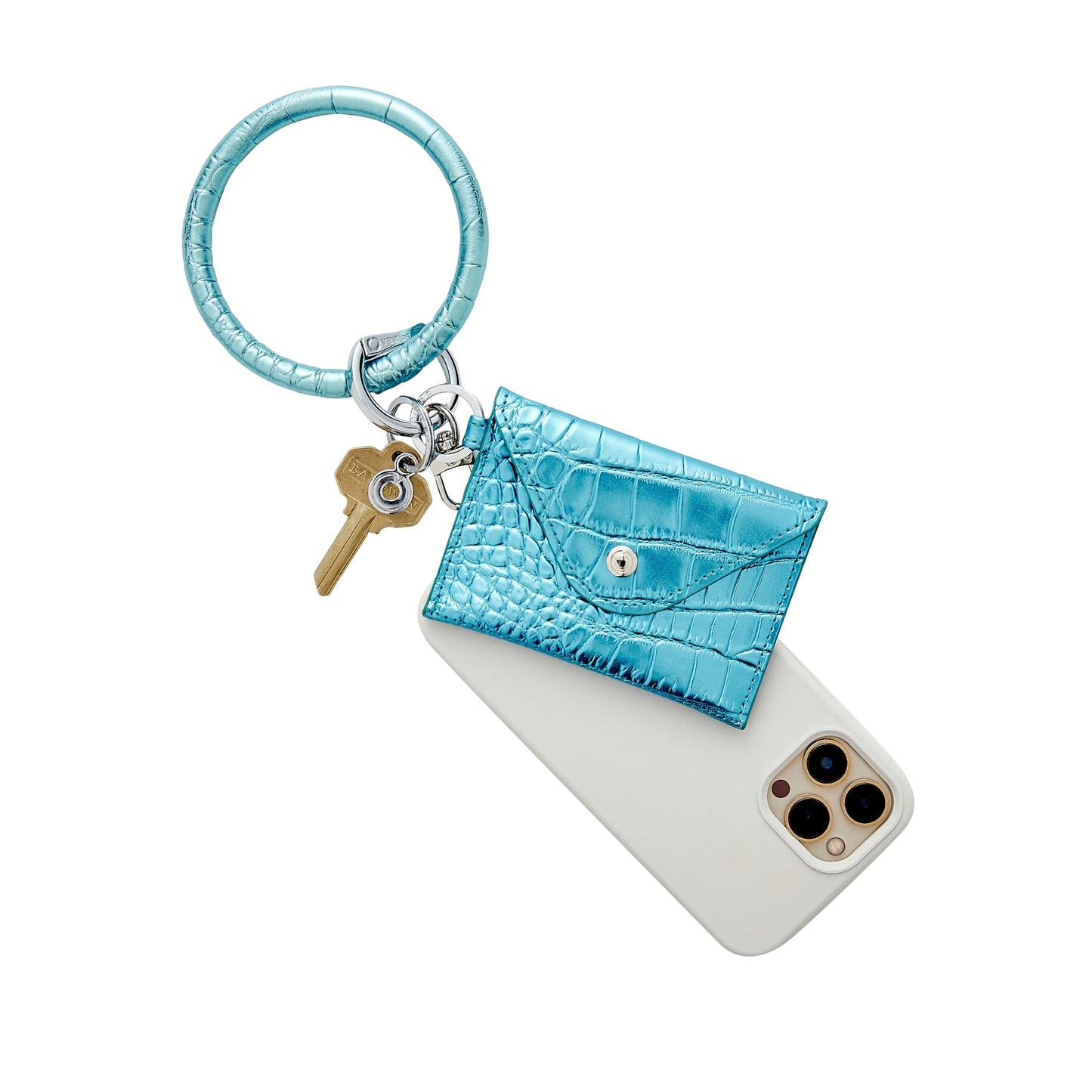 Stylish leather keychain wallet in mini envelope design. Shown in light blue leather with phone holder and key ring bracelet.