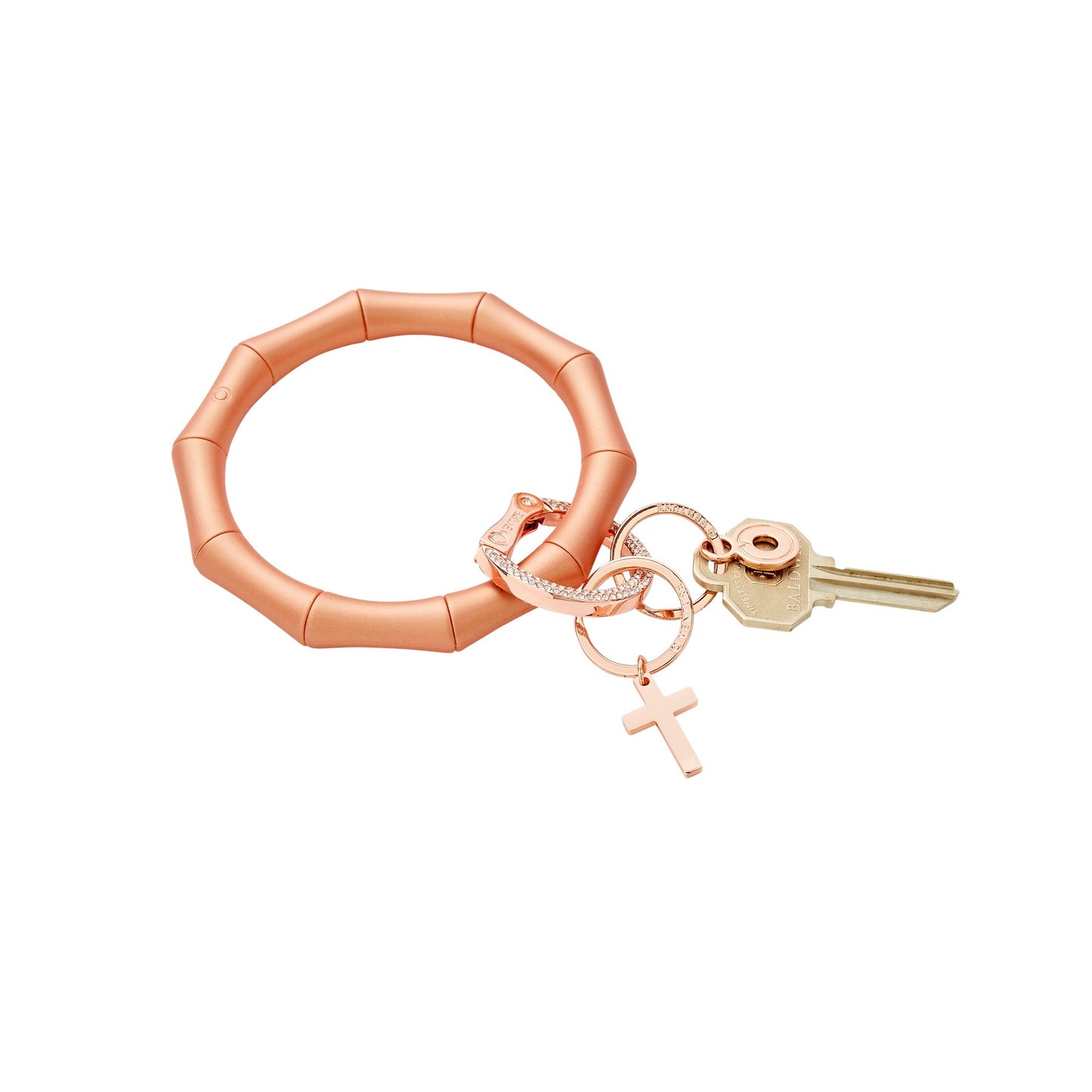 Cross key chain in rose gold finish. This keyring can stand alone or be attached to a big o key ring as a charm.