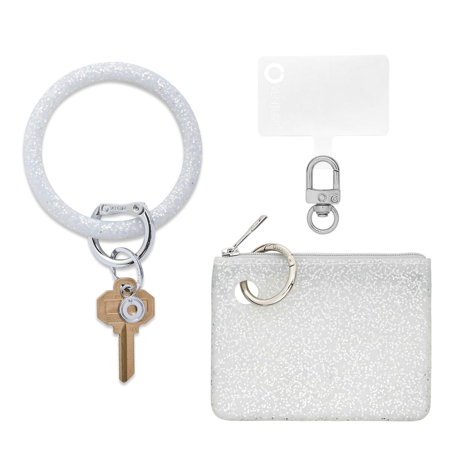 Silicone 3 in 1 set with Quicksilver confetti Big O Key ring, Phone Connector and matching Mini Pouch