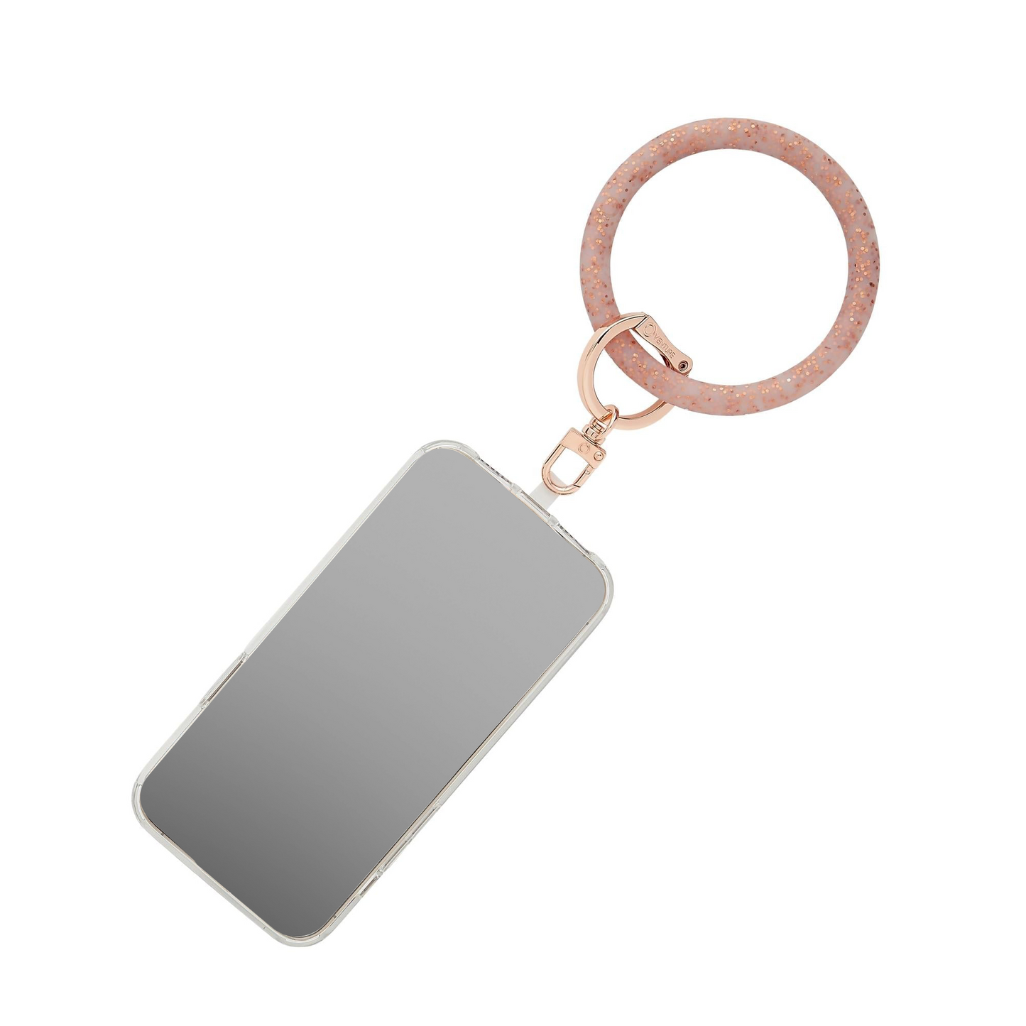 A stylish Big O Phone wristlet for handsfree convenience. Shown in rose gold confetti silicone.