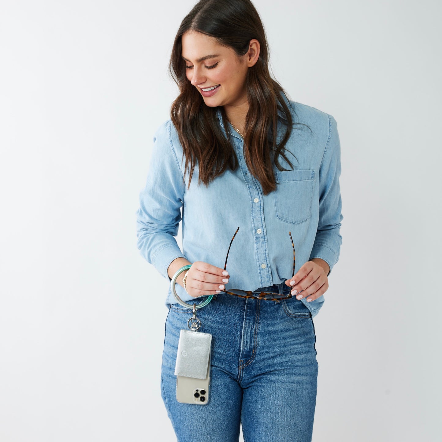 Luxe leather ID case keychain wallet with Big O Key Ring and phone charm attached