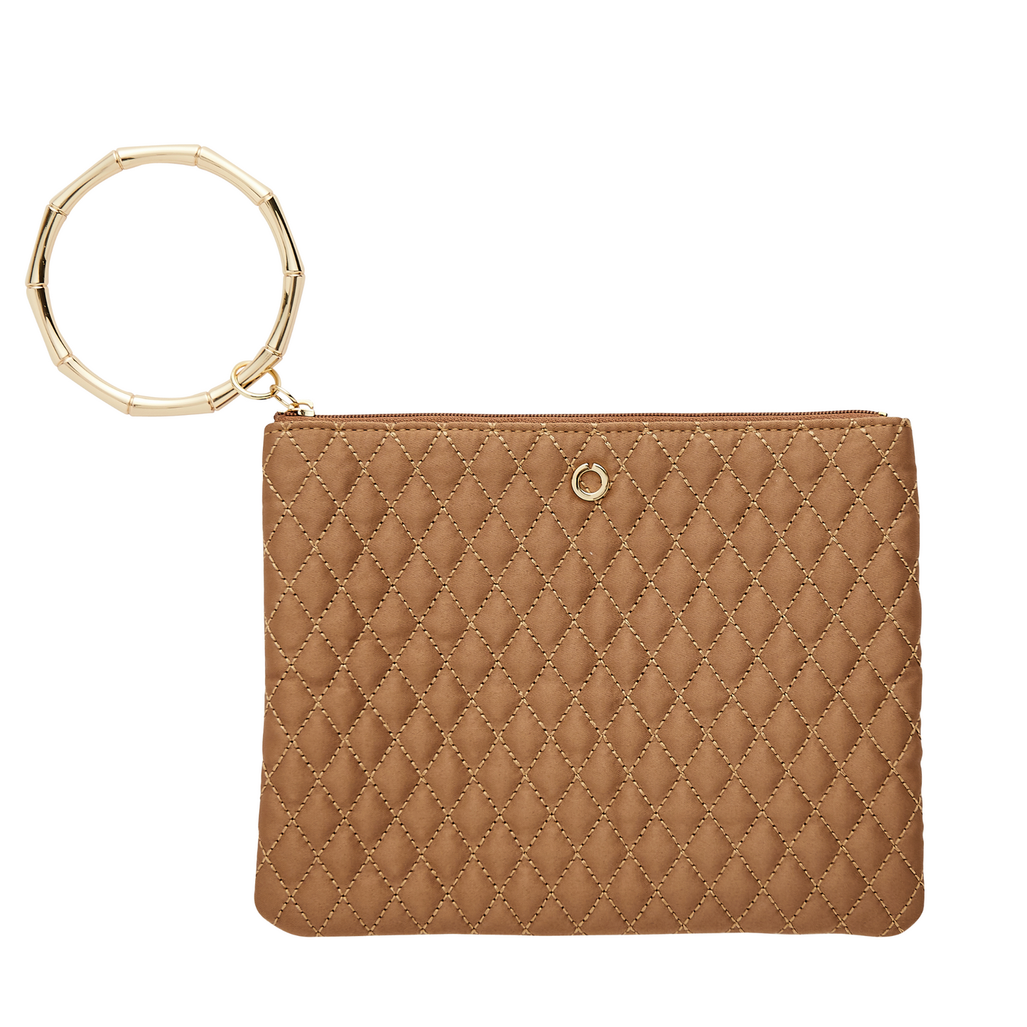 Tan quilted bracelet bag with gold hardware