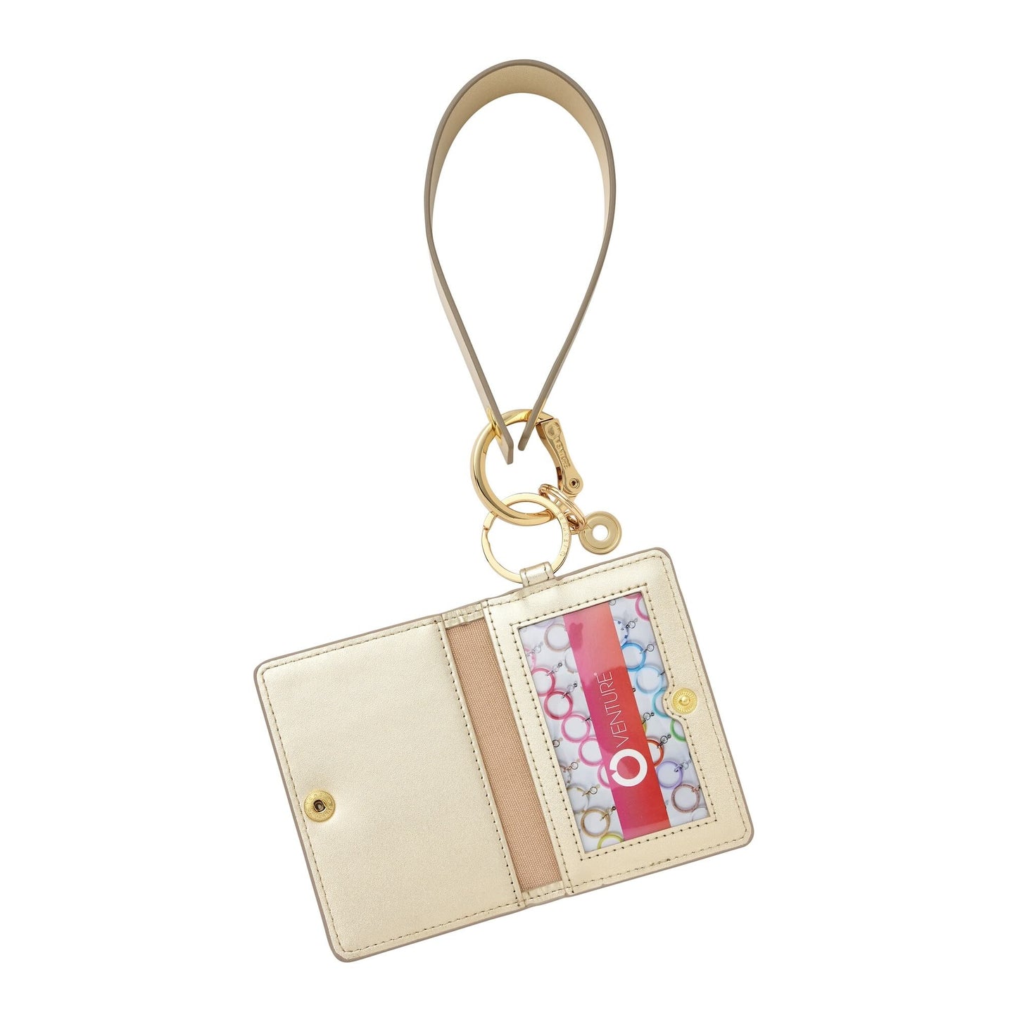 Stylish wristlet wallet in gold leather includes id case and leather keyring loop shown open