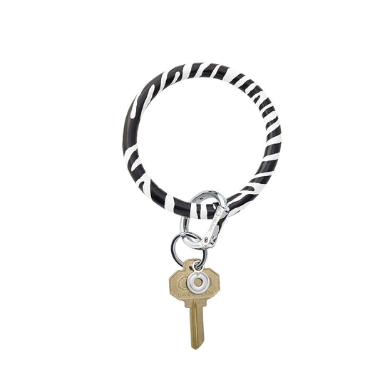 Leather Big O Key Ring in black and white zebra print with silver locking clasp