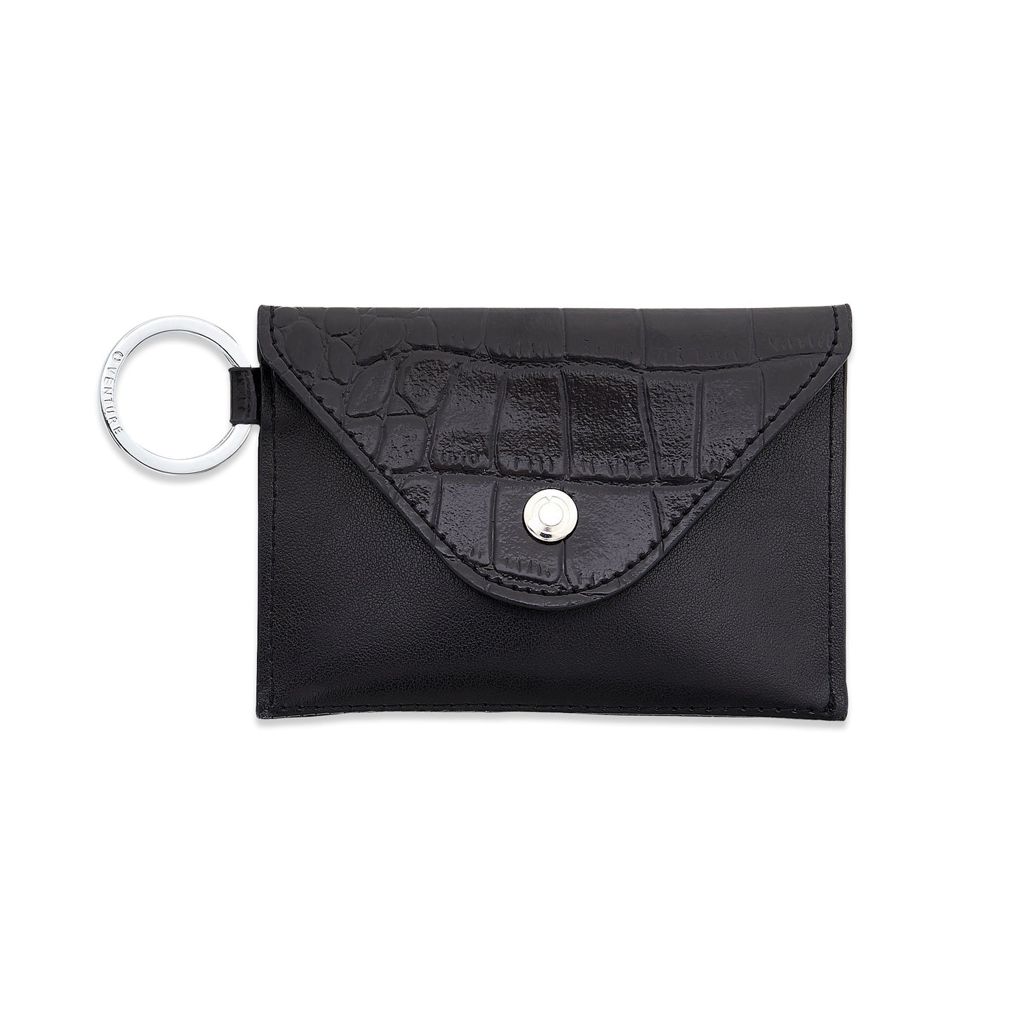Stylish leather keychain wallet in mini envelope design. This designer keychain wallet is shown in black leather.