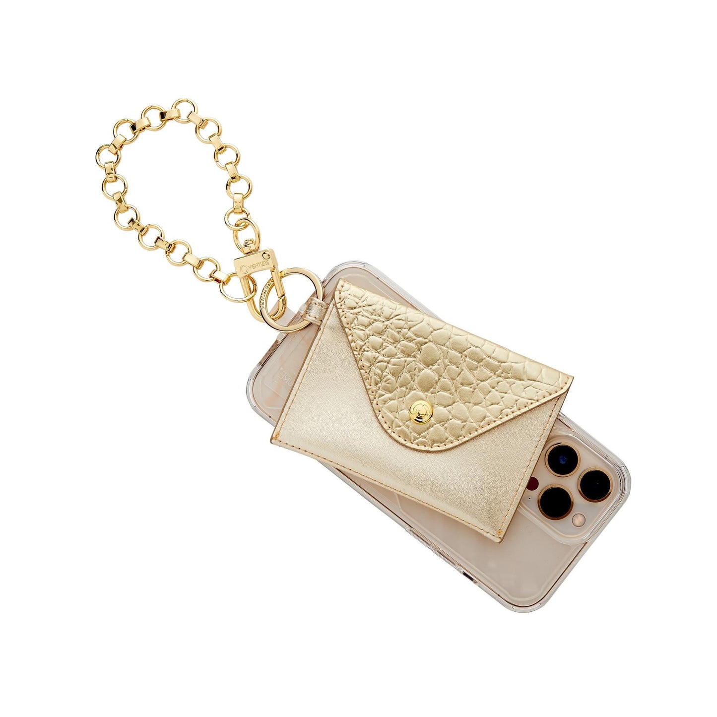 Gold Chain Phone Charm shown with mini envelope in gold leather and phone connector attached