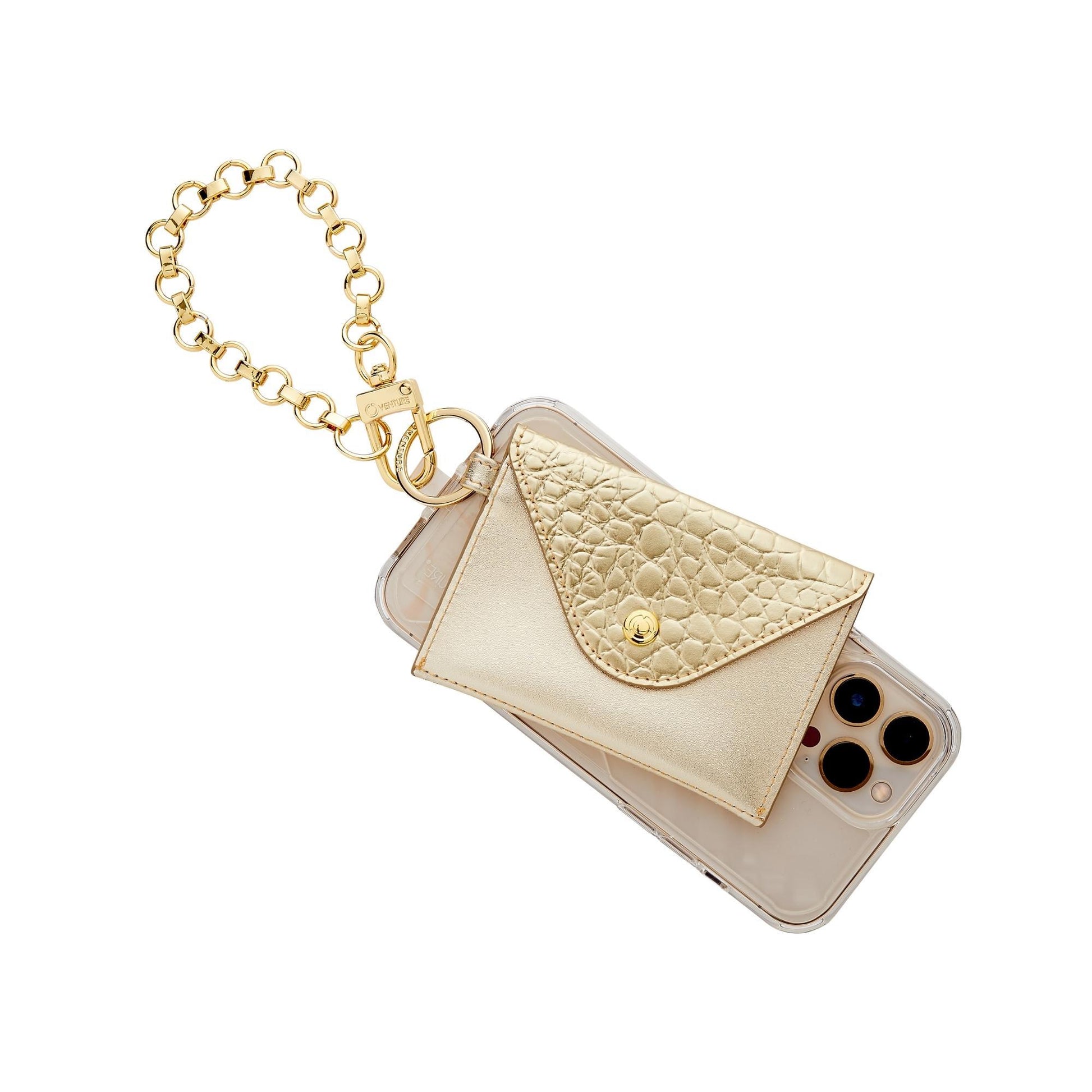 Gold Chain Phone Charm shown with mini envelope in gold leather and phone connector attached