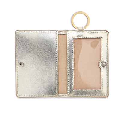 Id gold wallet with clear outer window, and clear inner window for id holder. Room for cards and cash