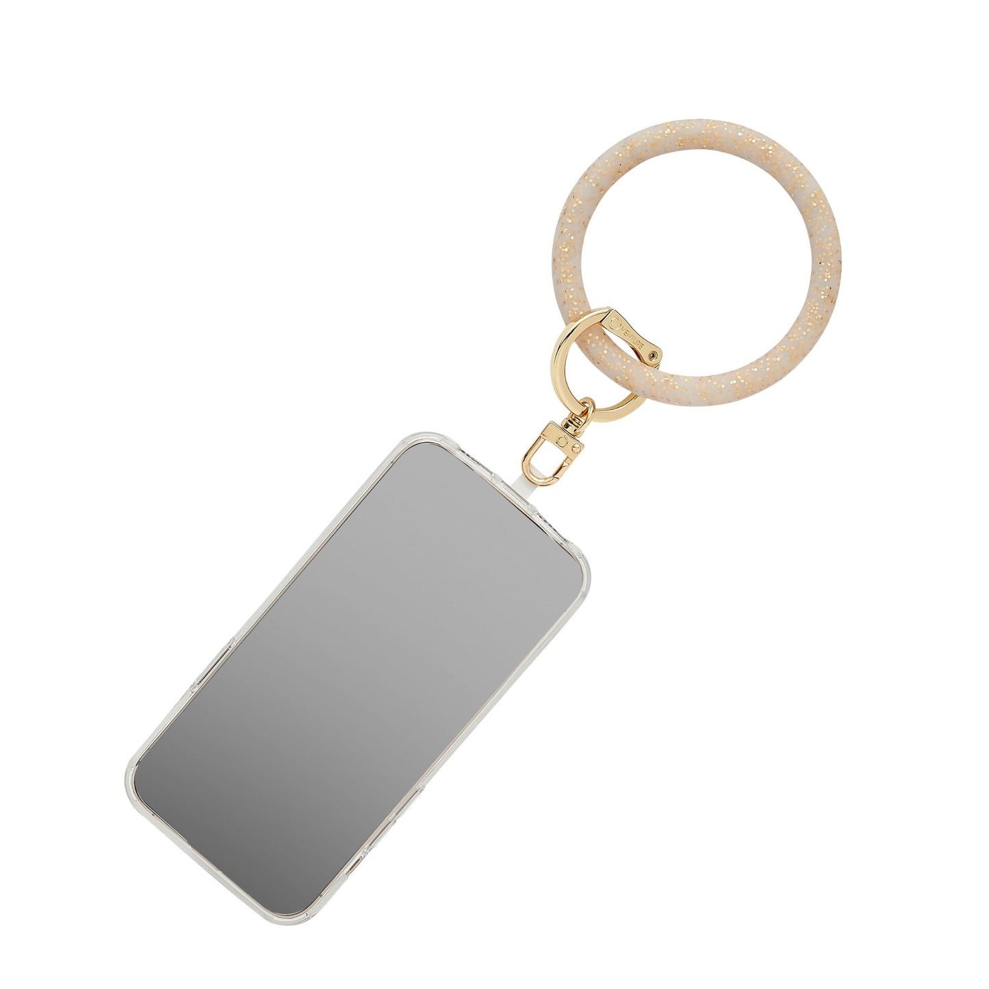 A chic Big O Phone wristlet for hands-free convenience shown in gold confetti silicone.
