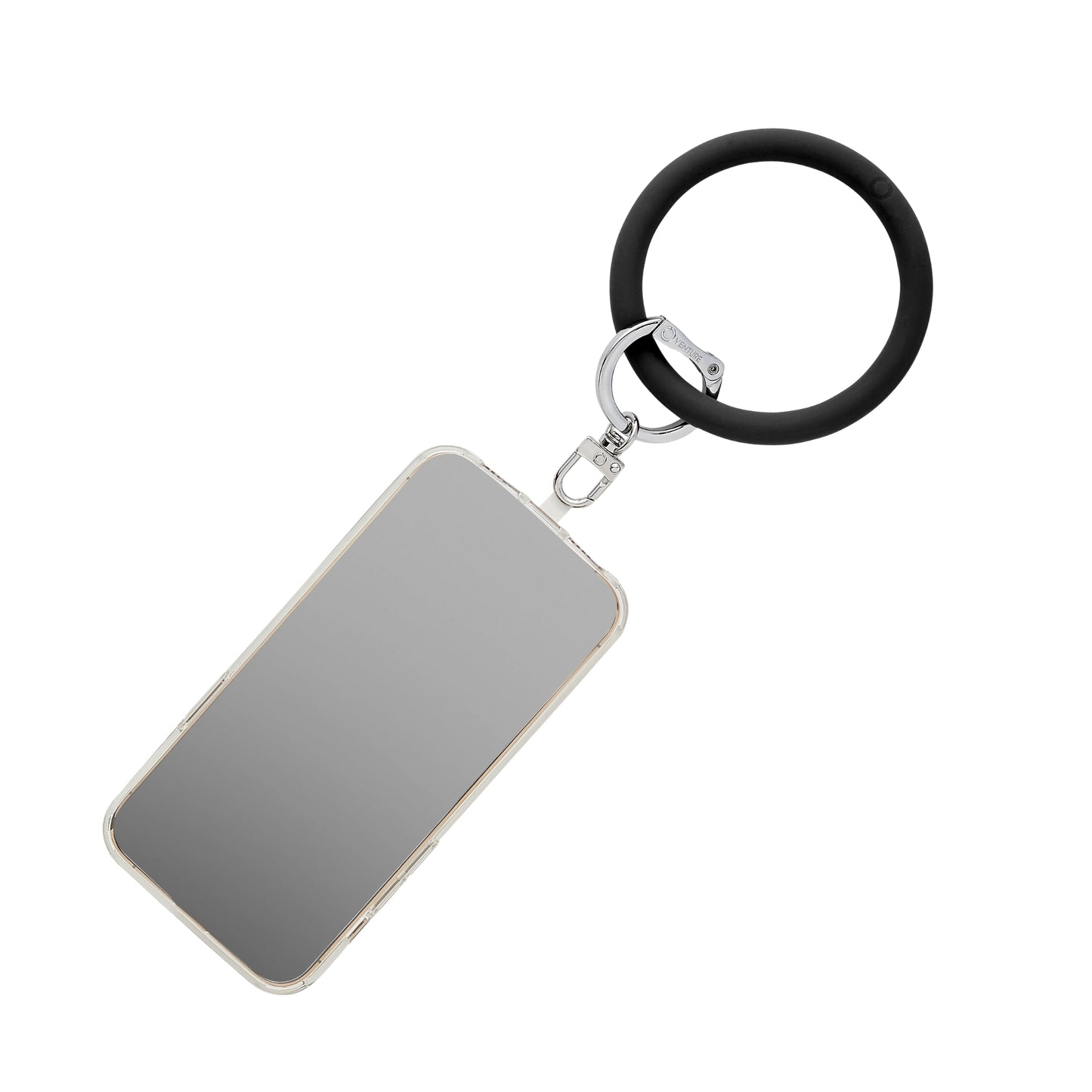 Stylish phone wristlet for hands-free convenience shown in black silicone.