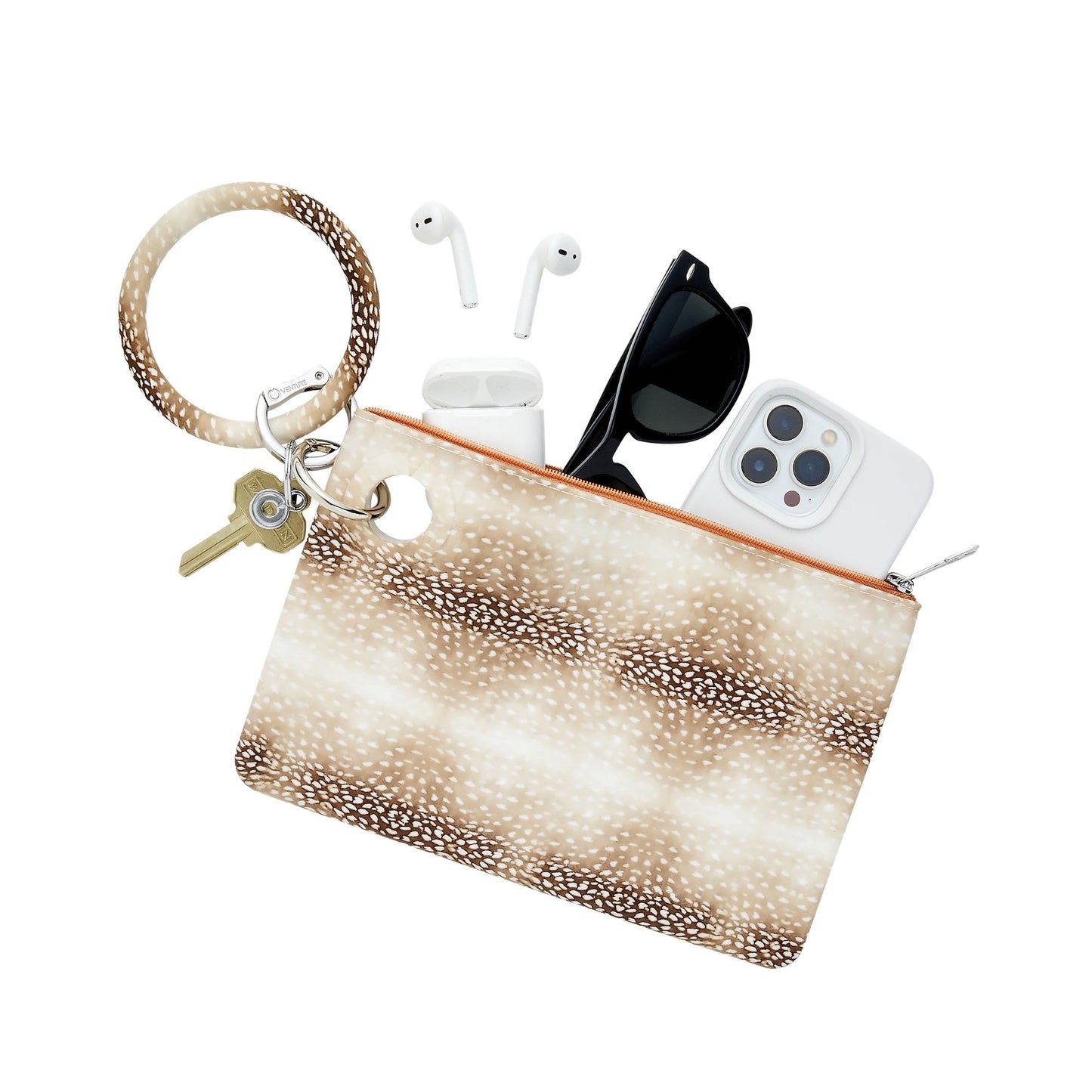 Large Pouch in silicone Antelope print with sunglasses and air pods. This is attached to a keychain to become a keychain wallet set wristlet.