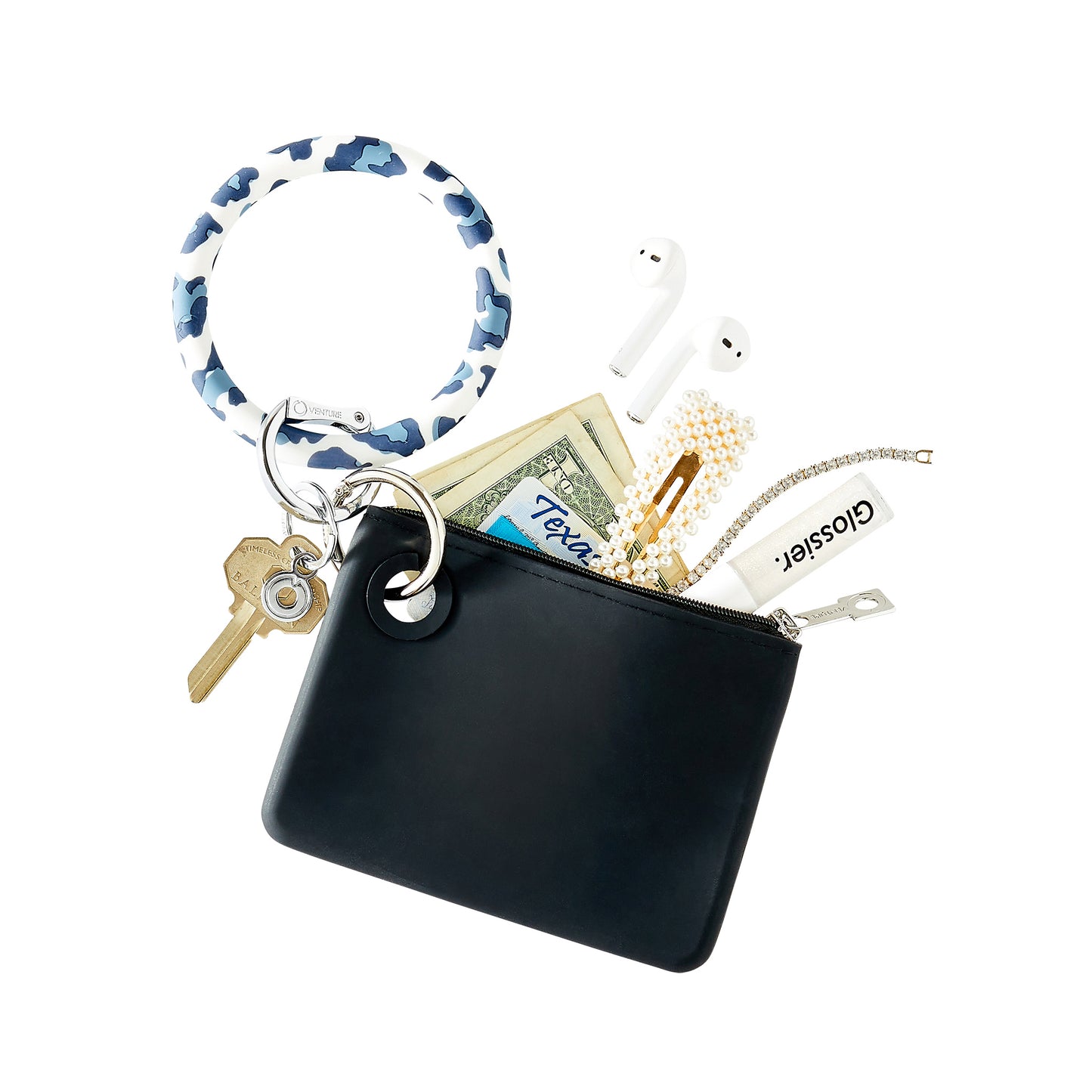 Sleek black Mini Pouch for cards, cash and air pods. Shown with the navy leopard print bracelet keychain.