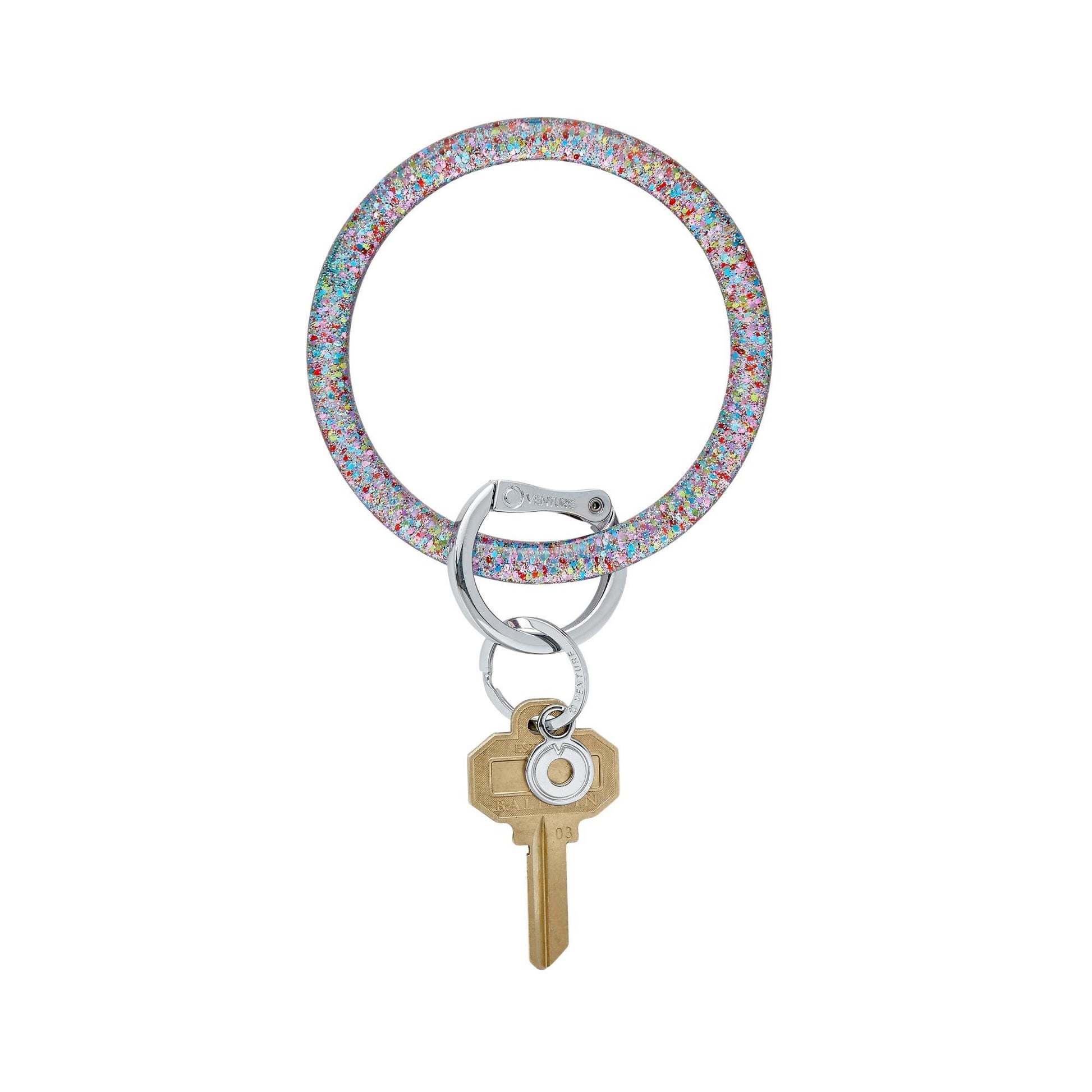Big O Key Ring in Resin material with sparkly glitter confetti that is multi colored.