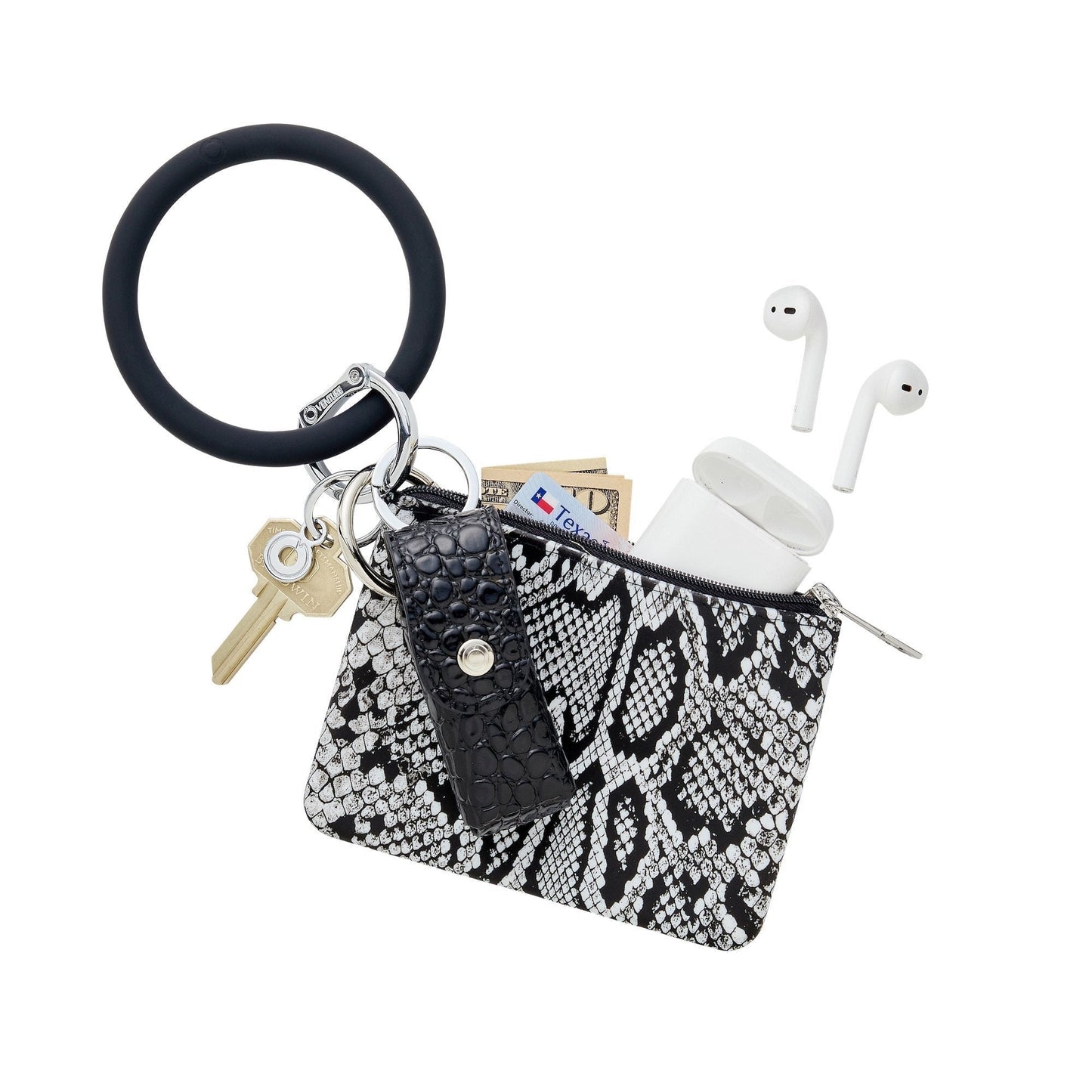 Lipstick holder smooch with a Big O Key Ring in black silicone. Mini silicone pouch contains air pods and cash Edit alt text
