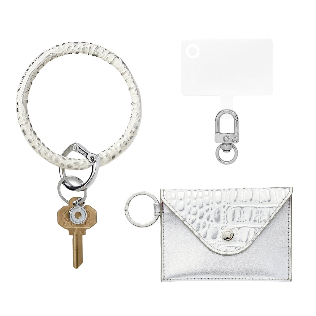 Leather 3-in-1 set quicksilver croc big o key ring with matching mini envelope in quicksilver croc 