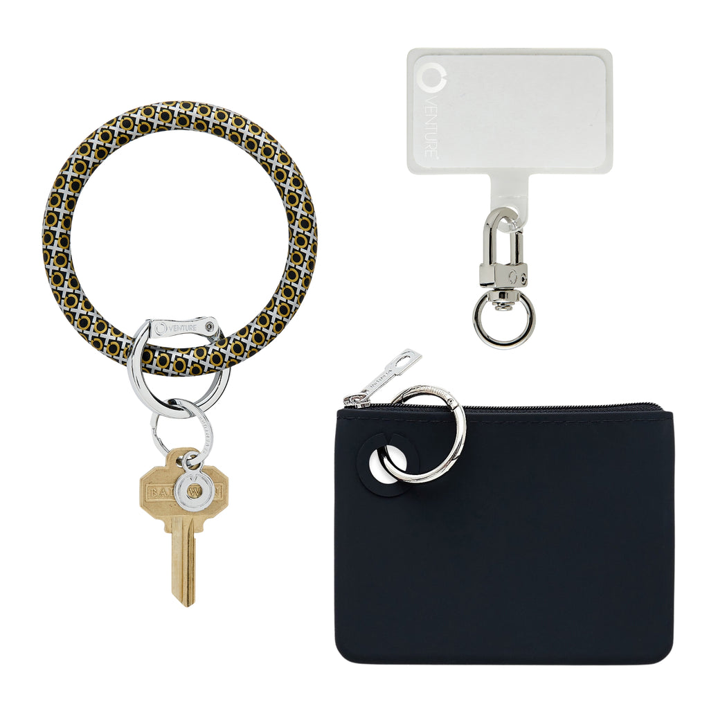 Three in one set with Big O Keyring in x and o print with mini silicone pouch in black and phone connector