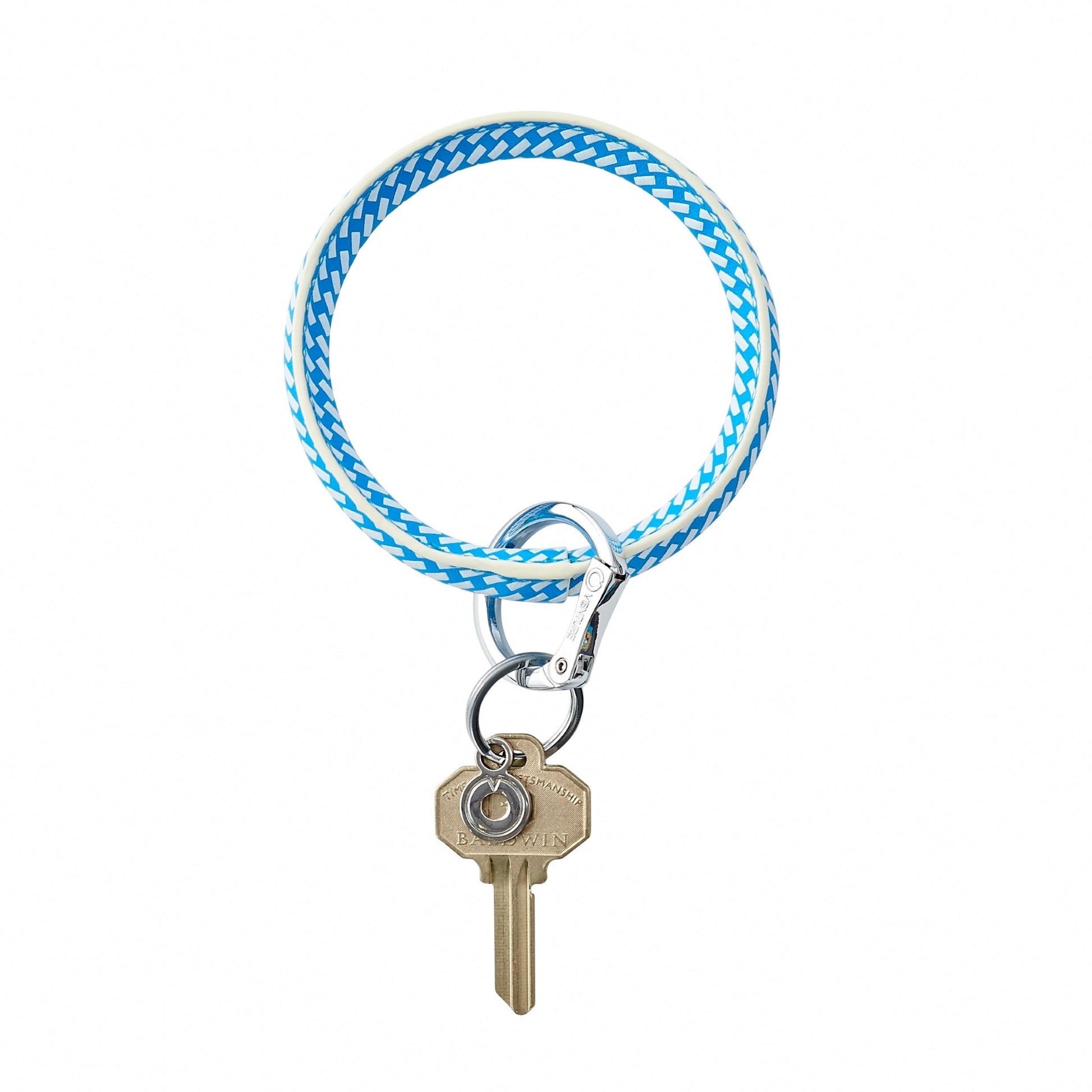 Blue and white braided leather big o key ring with silver locking clasp