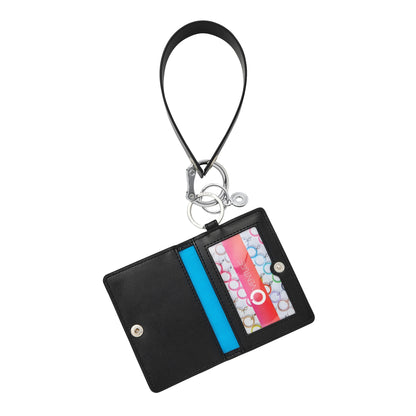 Stylish black leather wristlet keychain accessory loop with matching keychain wallet.