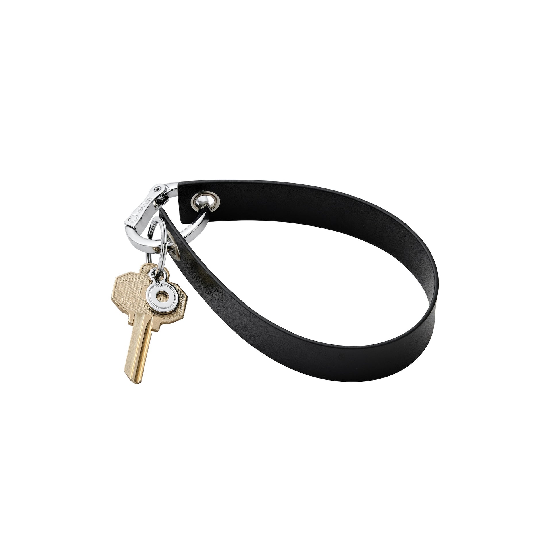 Stylish black leather wristlet keychain accessory loop.