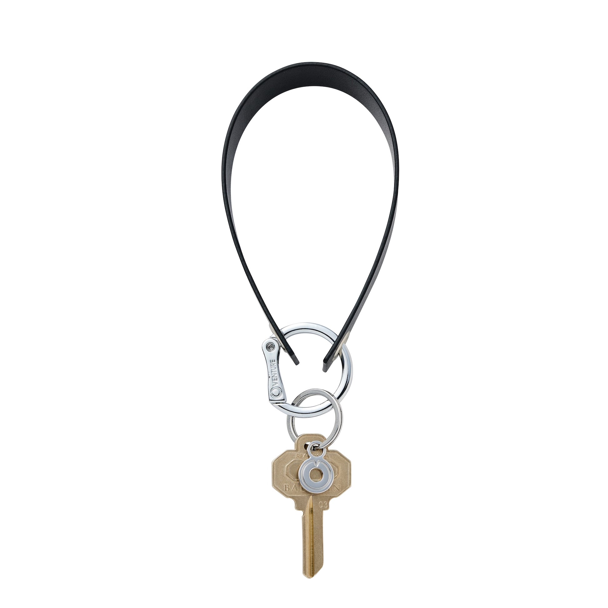 Stylish black leather wristlet keychain accessory loop.