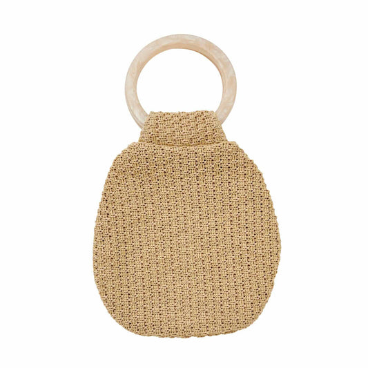 Beige woven baby rattle with wooden ring on a white background
