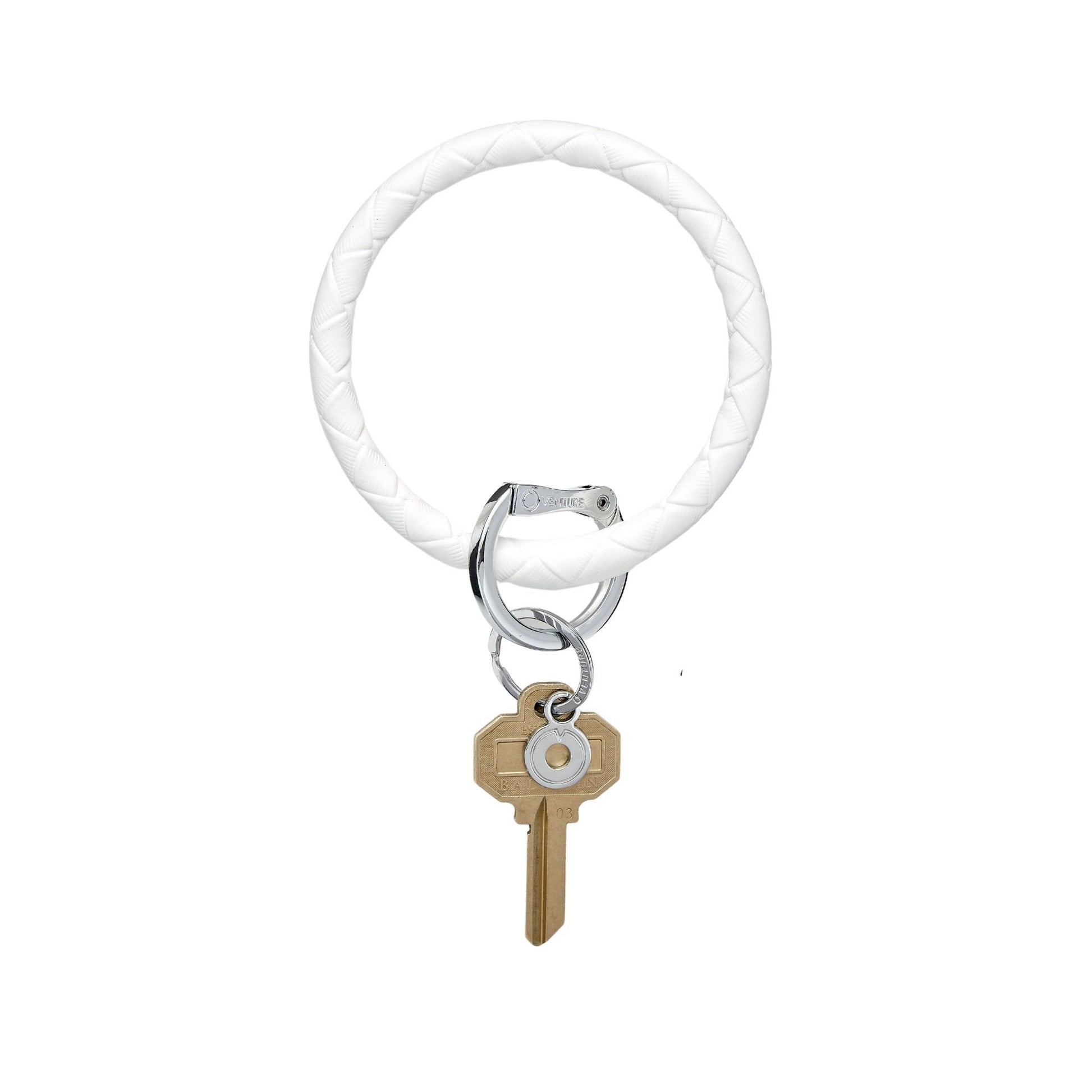 Marshmello Basketweave Leather Big O Key Ring with key attached 
