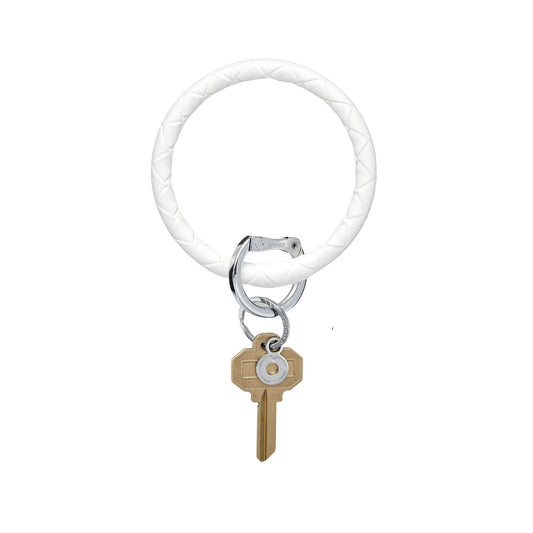 Marshmello Basketweave Leather Big O Key Ring with key attached 