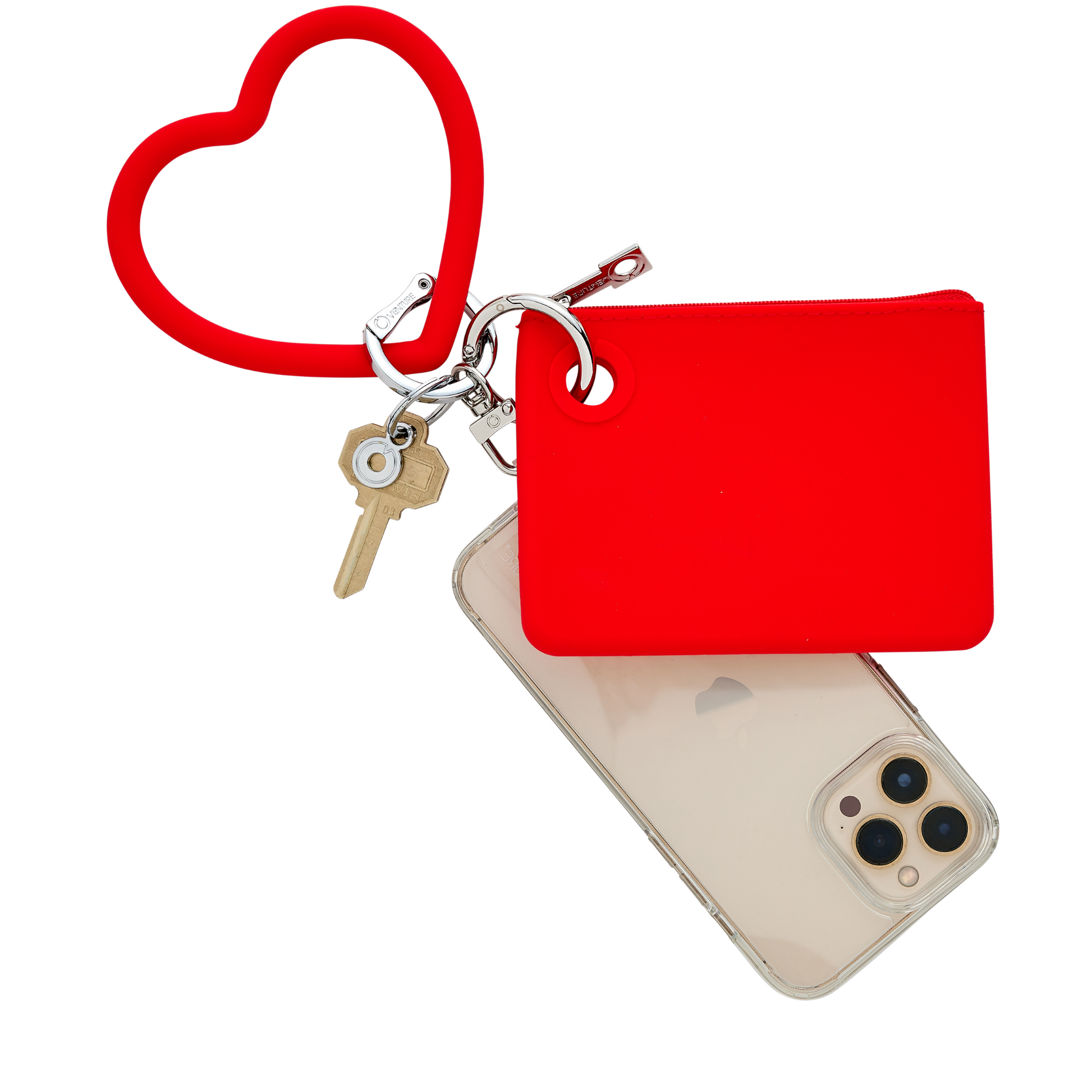 A vibrant red water-resistant Mini Pouch shown with heart key ring bracelet.