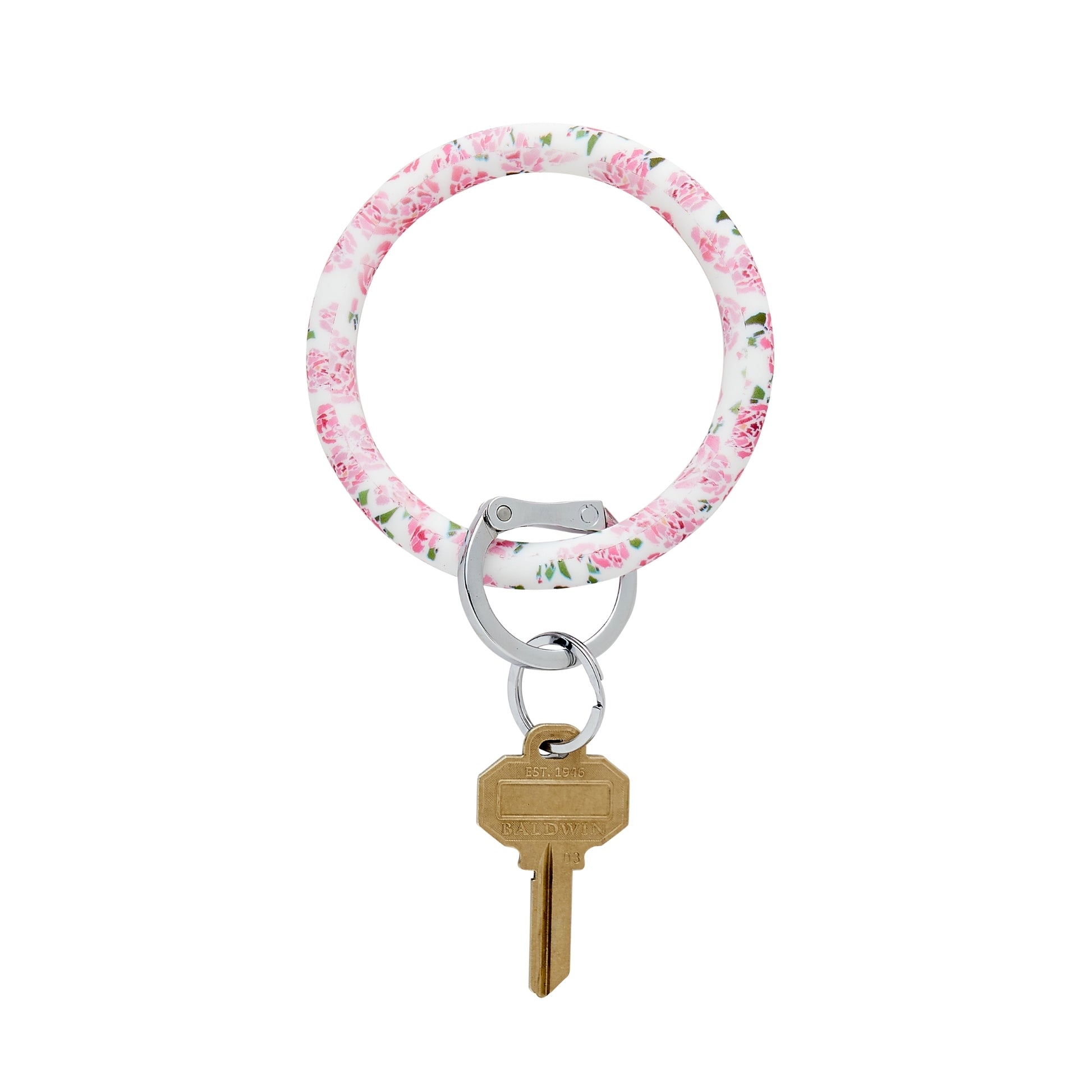 Another view of the other side of the big o key ring in a pink peony print.  This shows the back side where the peony print comes together.