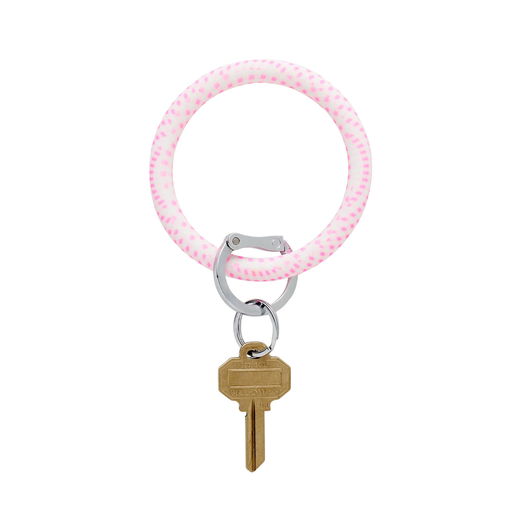 Backside of the pink gingham big o key ring in tickled pink