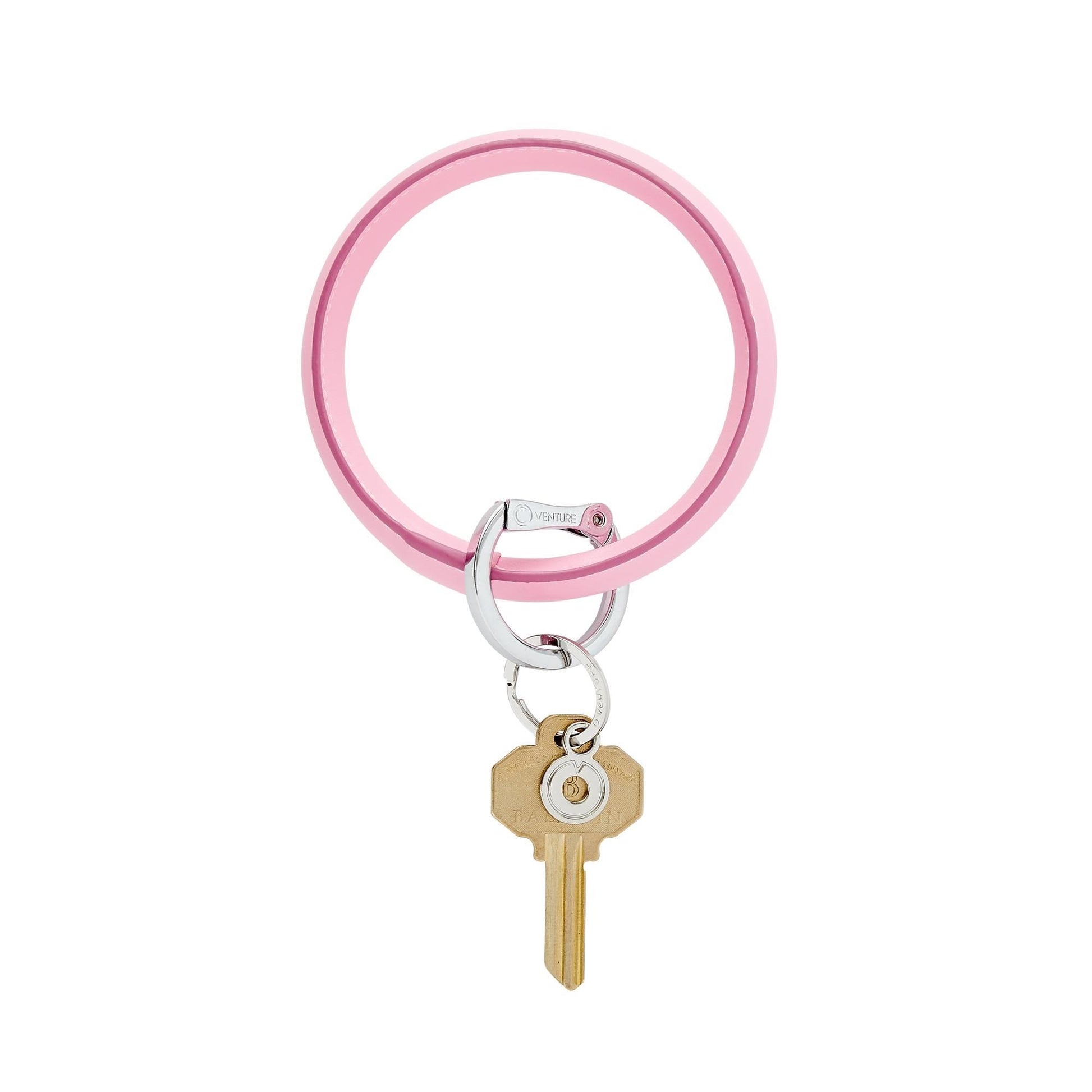 Big O Key Ring in Light pink leather with a darker pink trim.  Color is called Cotton Candy.  Oventure Silver locking clasp with key attached.