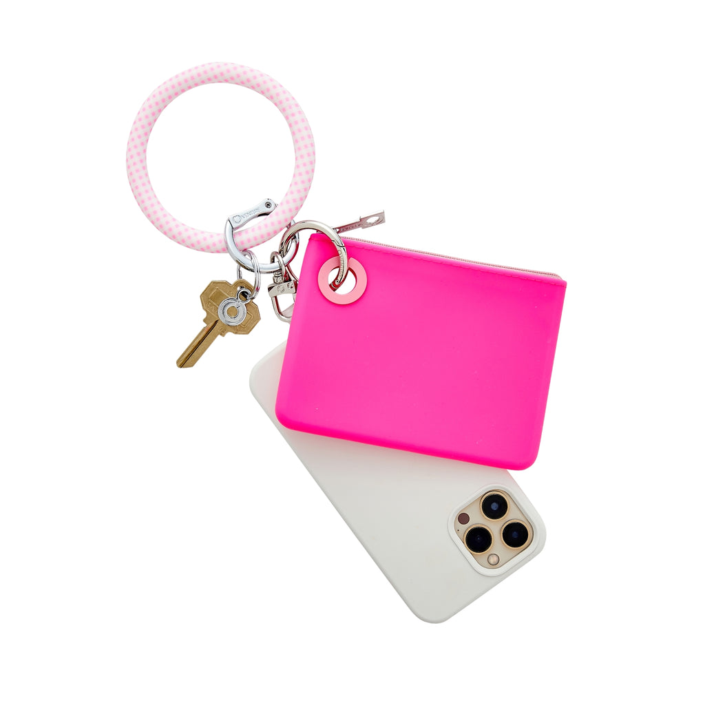 Tickled Pink Gingham - Mini Pouch and Big O Key Ring Set by Oventure which includes a big o key ring in pink gingham, a silicone mini pouch in hot pink and a phone connector