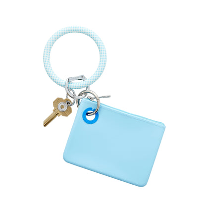 The Big O Keyring in light blue gingham print with a mini silicone pouch attached in light blue