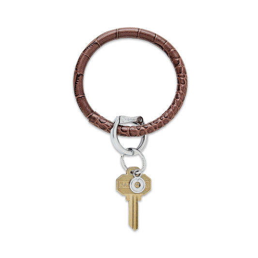 Chocolate Diamond Croc-Embossed Leather Big O Key Ring by Oventure is a shiny chocolate brown color.