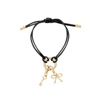 Black Leather adjustable cord bracelet with detachable sleek gold charms