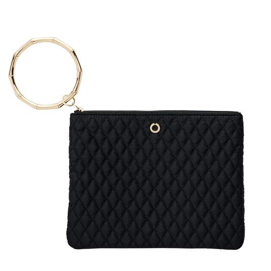 Black quilted nylon bracelet bag with gold hardware 